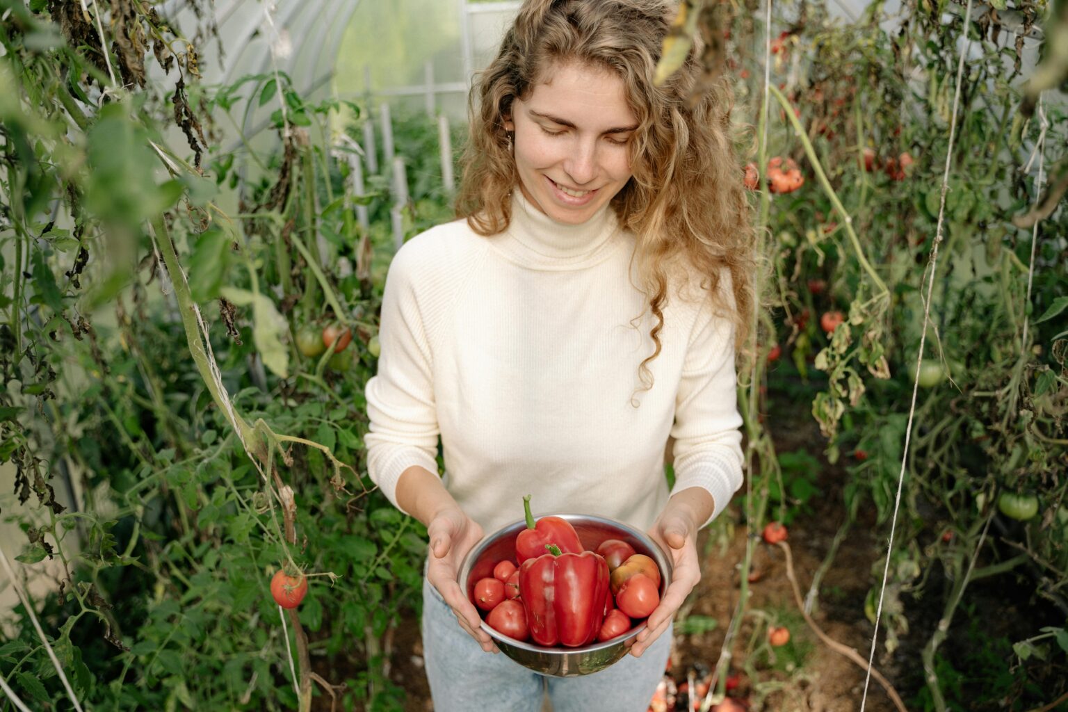 Woman holding a bowl of freshly harvested red bell peppers and cherry tomatoes in a greenhouse
